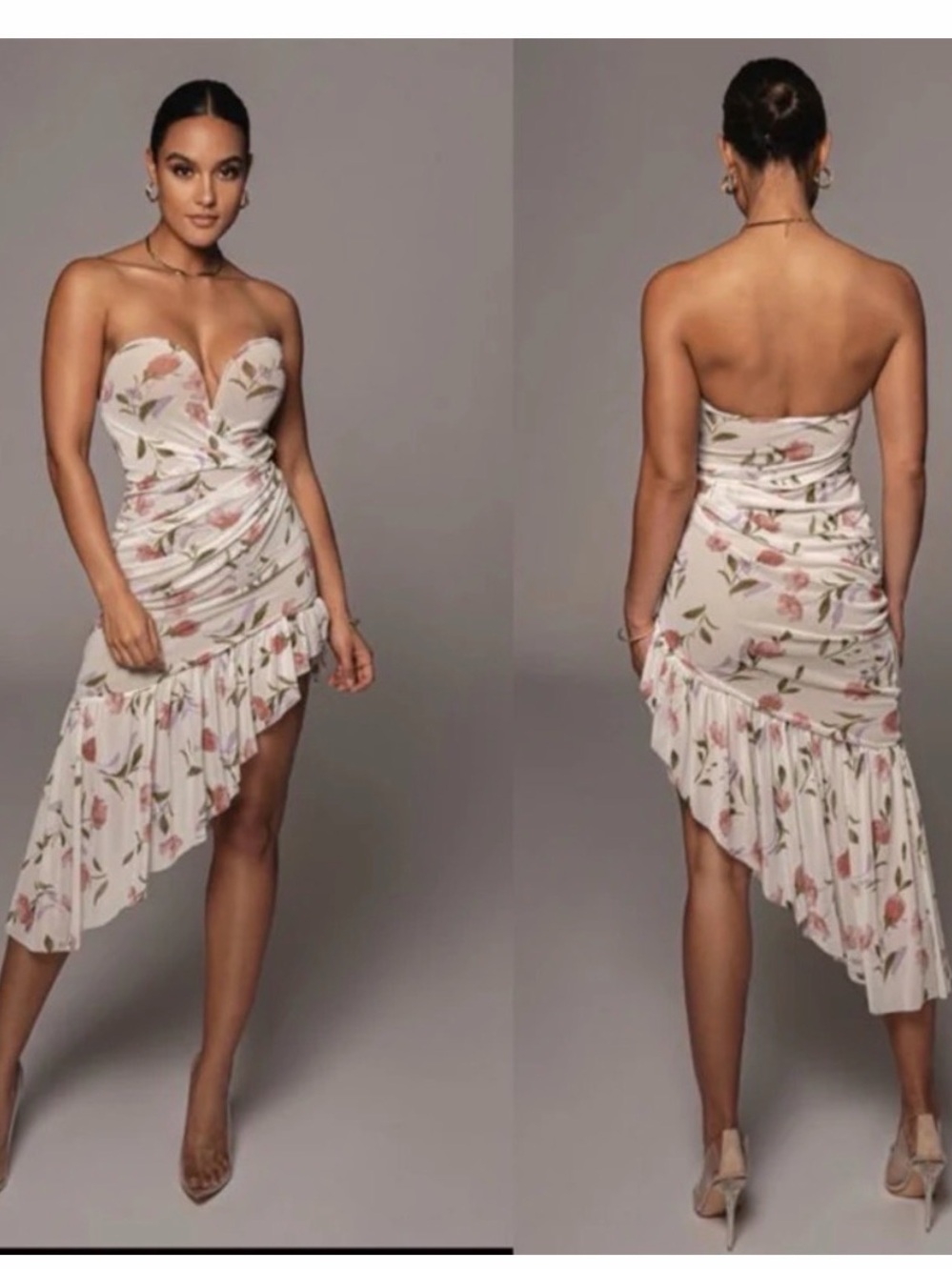 Strapless Floral Ruffle Asymmetrical Dress - White with Pink Roses Jlux label